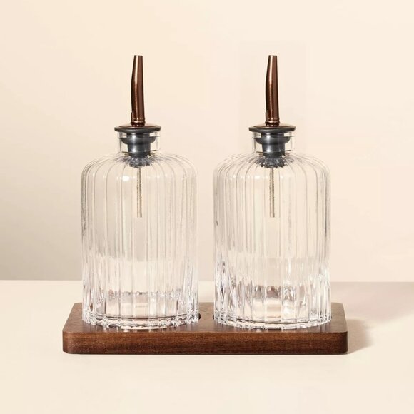 Oil & Vinegar Ribbed Glass Bottle Set with Wood Base - Hearth & Hand Magnolia - Picture 1 of 6
